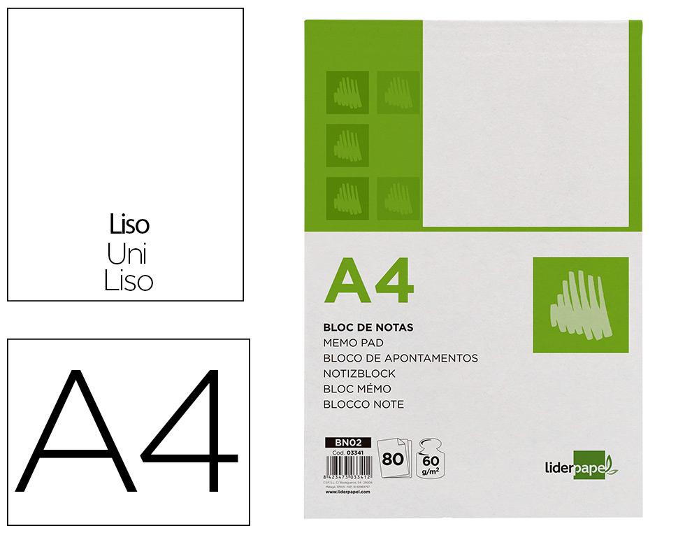 BLOC NOTAS LIDERPAPEL LISO A4 80 HOJAS 60G/M2