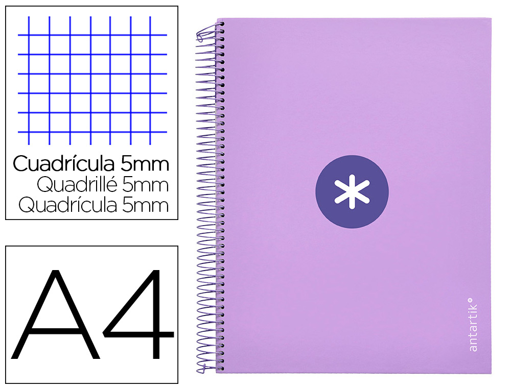 CUADERNO ESPIRAL A4 MICRO ANTARTIK TAPA FORRADA120H 100 GR CUADRO 5MM 5 BANDA4 TALADROS COLOR LAVANDA