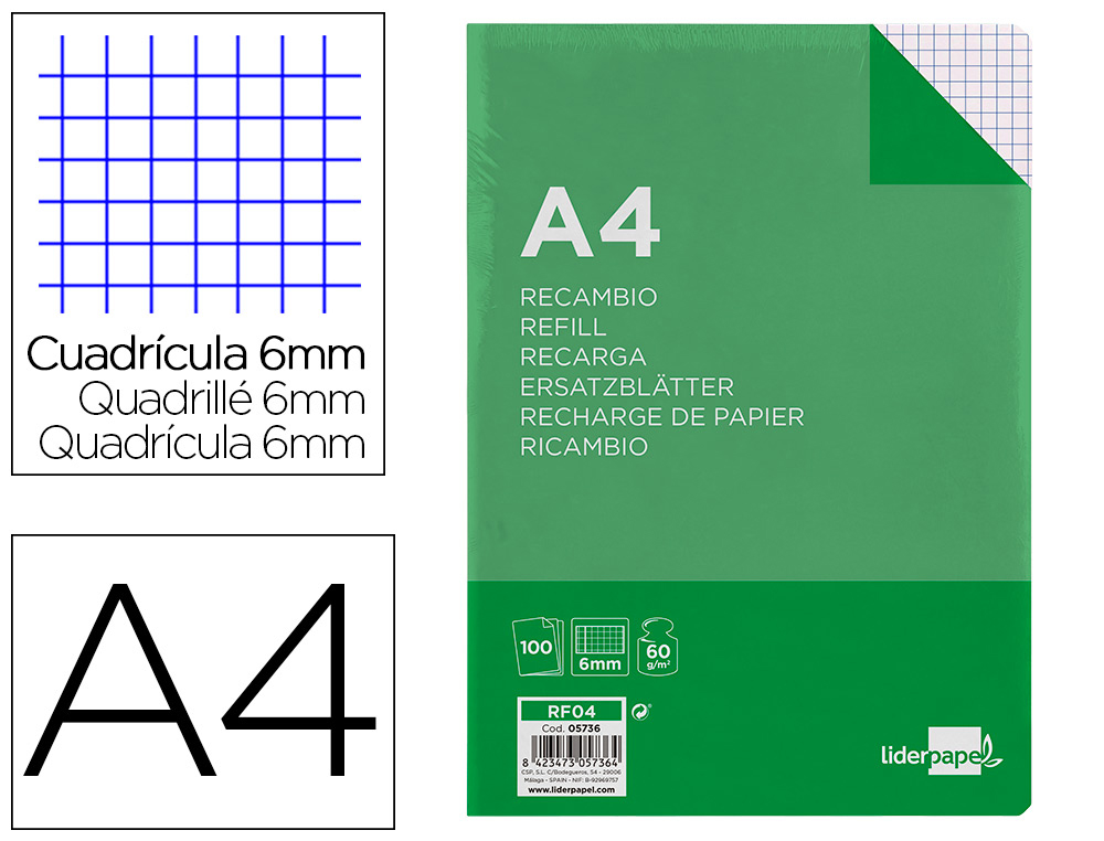 RECAMBIO LIDERPAPEL A4 100 HOJAS 60G/M2 CUADRO 6 MM 4 TALADROS CON MARGEN