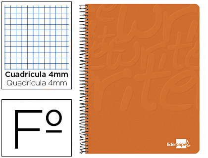 CUADERNO ESPIRAL LIDERPAPEL FOLIO WRITE TAPA BLANDA 80H 60GR CUADRO 4MM CON MARGEN COLOR NARANJA