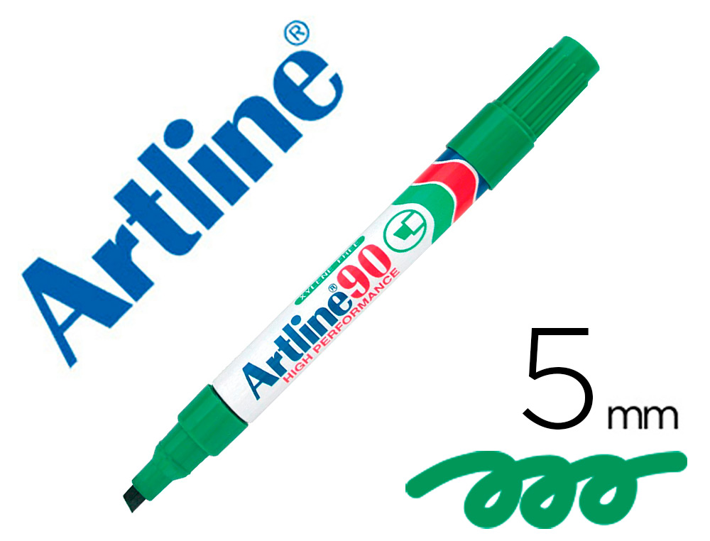 ROTULADOR ARTLINE MARCADOR PERMANENTE EK-90 VERDE PUNTA BISELADA 5 MM PAPEL METAL Y CRISTAL