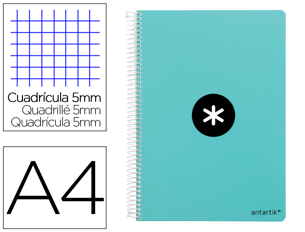 CUADERNO ESPIRAL LIDERPAPEL A4 MICRO ANTARTIK TAPA DURA 80H 100 GR CUADRO 5MM SIN BANDAS 4 TALADROS COLOR MENTA