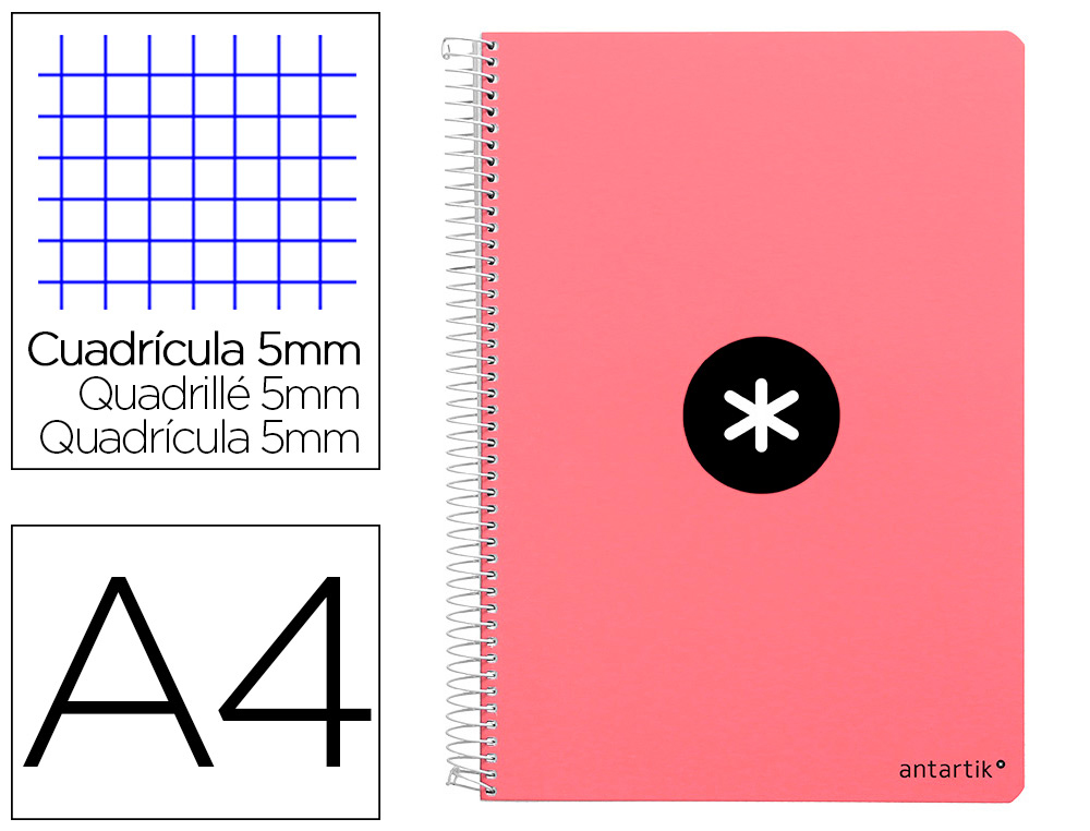 CUADERNO ESPIRAL LIDERPAPEL A4 MICRO ANTARTIK TAPA DURA 80 H 100 GR CUADRO 5MM SIN BANDAS 4 TALADROS COLOR CORAL