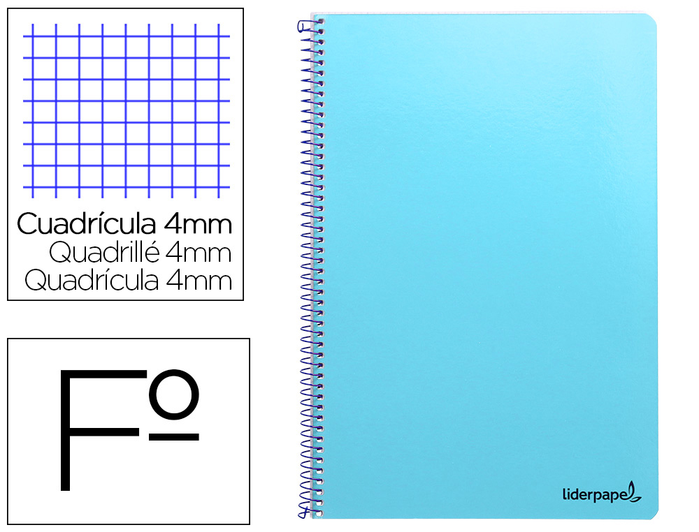 CUADERNO ESPIRAL LIDERPAPEL FOLIO SMART TAPA BLANDA 80H 60GR CUADRO 4MM CON MARGEN COLOR CELESTE