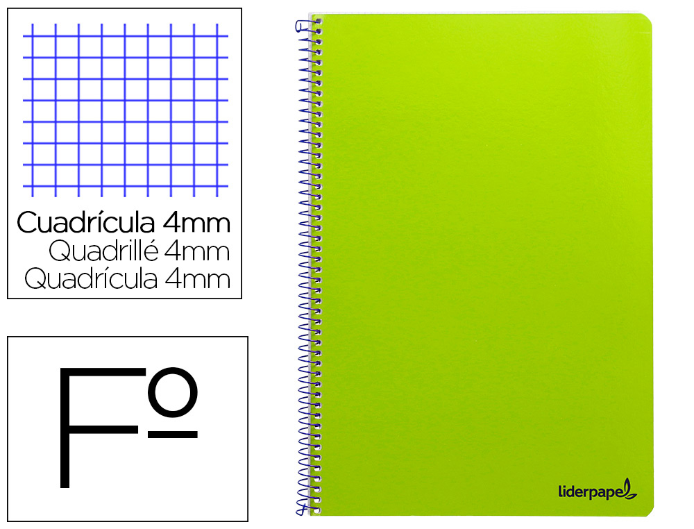 CUADERNO ESPIRAL LIDERPAPEL FOLIO SMART TAPA BLANDA 80H 60GR CUADRO 4MM CON MARGEN COLOR VERDE