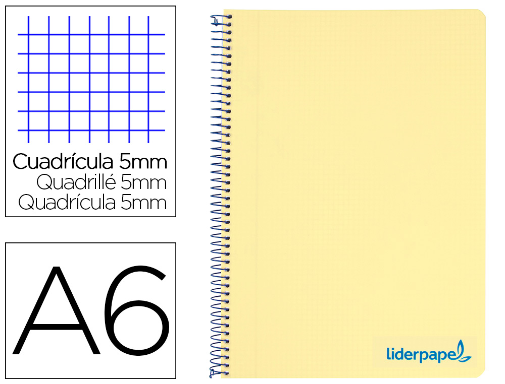 CUADERNO ESPIRAL LIDERPAPEL A6 MICRO WONDER TAPA PLASTICO 120H 90 GR CUADRO 5MM 4 BANDAS COLOR AMARILLO