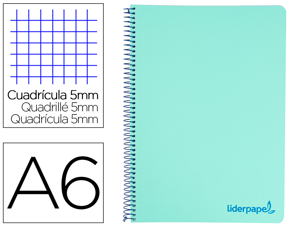 CUADERNO ESPIRAL LIDERPAPEL A6 MICRO WONDER TAPA PLASTICO 120H 90 GR CUADRO 5MM 4 BANDAS COLOR VERDE