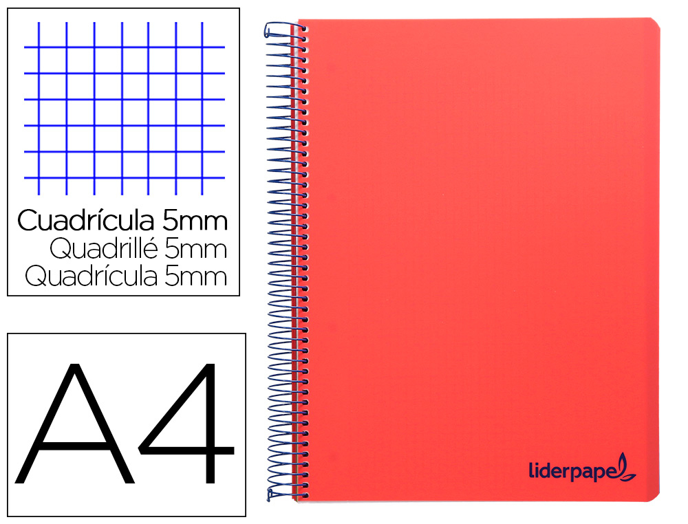 CUADERNO ESPIRAL LIDERPAPEL A4 MICRO WONDER TAPA PLASTICO 120H 90 GR CUADRO 5 MM 5 BANDAS 4 TALADROS COLOR ROJO