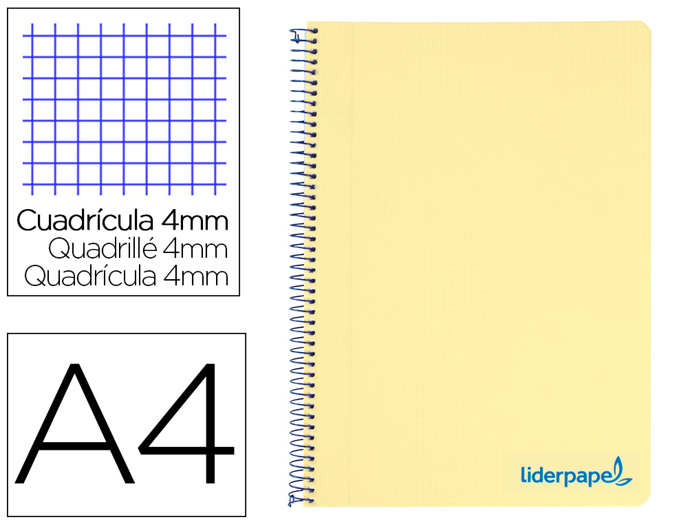 CUADERNO ESPIRAL LIDERPAPEL A4 WONDER TAPA PLASTICO 80H 90GR CUADRO 4MM CON MARGEN COLOR AMARILLO