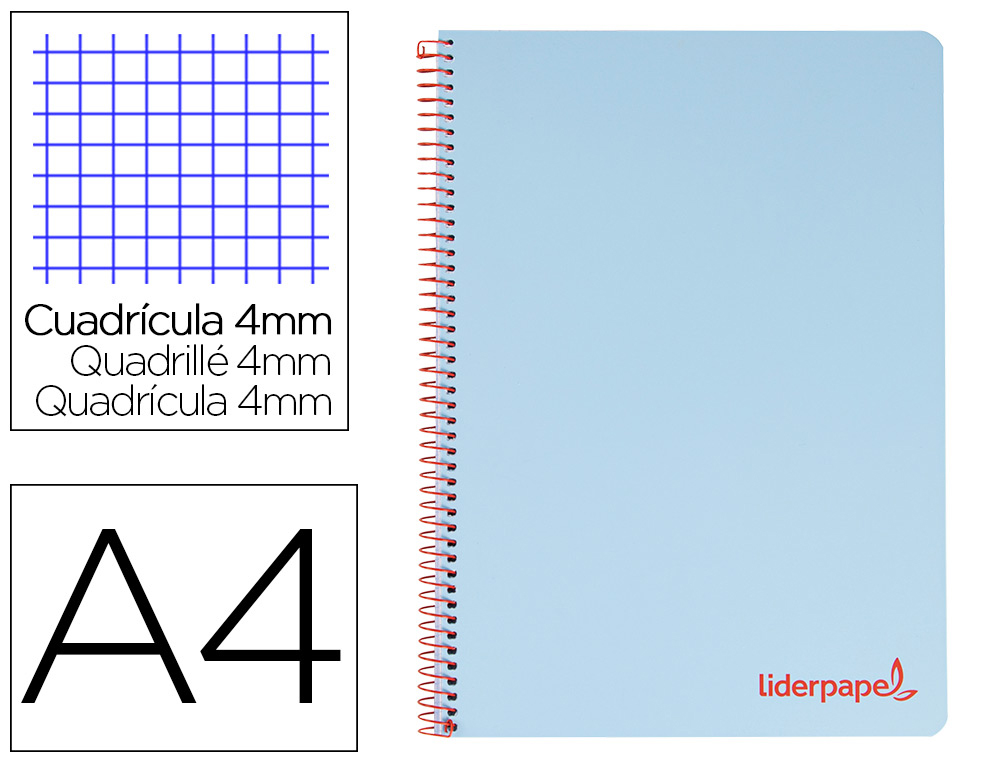 CUADERNO ESPIRAL LIDERPAPEL A4 WONDER TAPA PLASTICO 80H 90GR CUADRO 4MM CON MARGEN COLOR AZUL