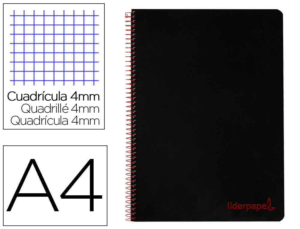 CUADERNO ESPIRAL LIDERPAPEL A4 WONDER TAPA PLASTICO 80H 90GR CUADRO 4MM CON MARGEN COLOR NEGRO