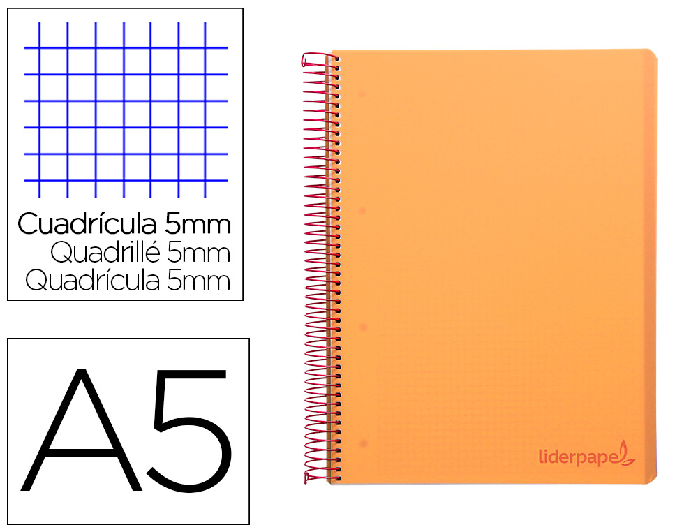 CUADERNO ESPIRAL LIDERPAPEL A5 MICRO WONDER TAPA PLASTICO 120H 90G CUADRO 5MM 5 BANDAS 6 TALADROS COLOR NARANJA