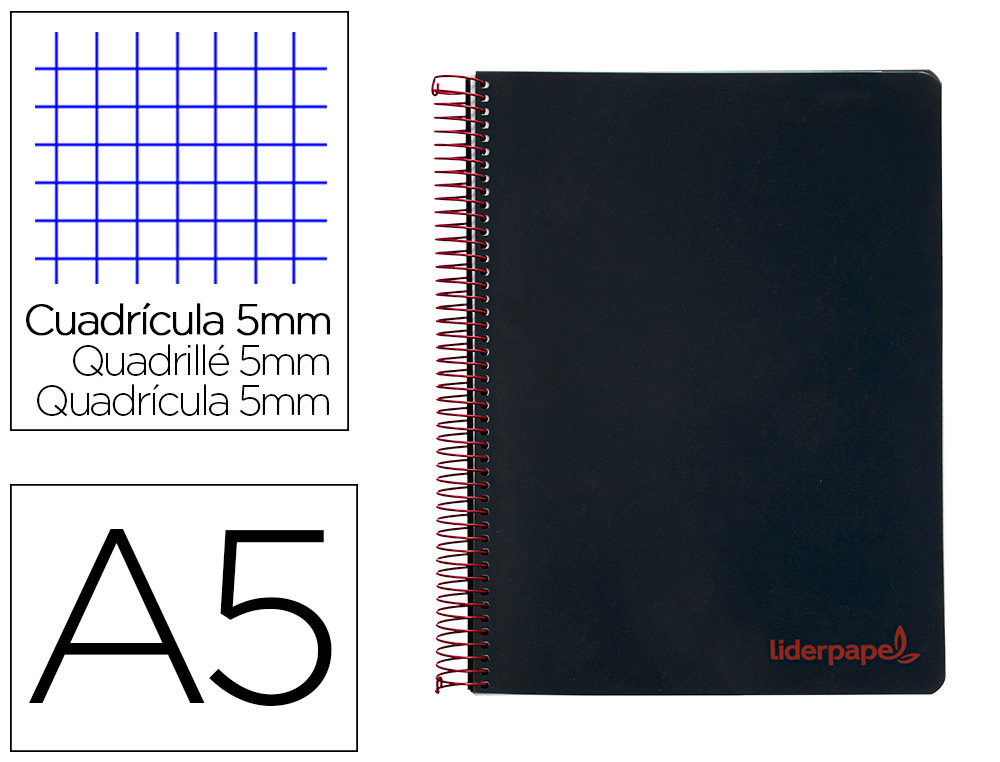 CUADERNO ESPIRAL LIDERPAPEL A5 MICRO WONDER TAPA PLASTICO 120H 90G CUADRO 5MM 5 BANDAS 6 TALADROS COLOR NEGRO