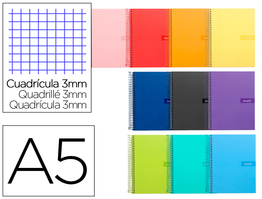 CUADERNO ESPIRAL LIDERPAPEL A5 CRAFTY TAPA FORRADA 80H 90 GR CUADRO 3 MM CON MARGEN COLORES SURTIDOS