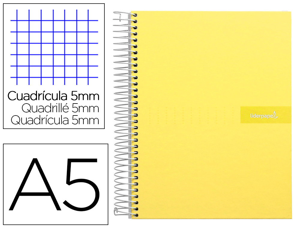 CUADERNO ESPIRAL LIDERPAPEL A5 MICRO CRAFTY TAPA FORRADA 120H 90 GR CUADRO 5MM 5 BANDAS6 TALADROS COLOR AMARILLO