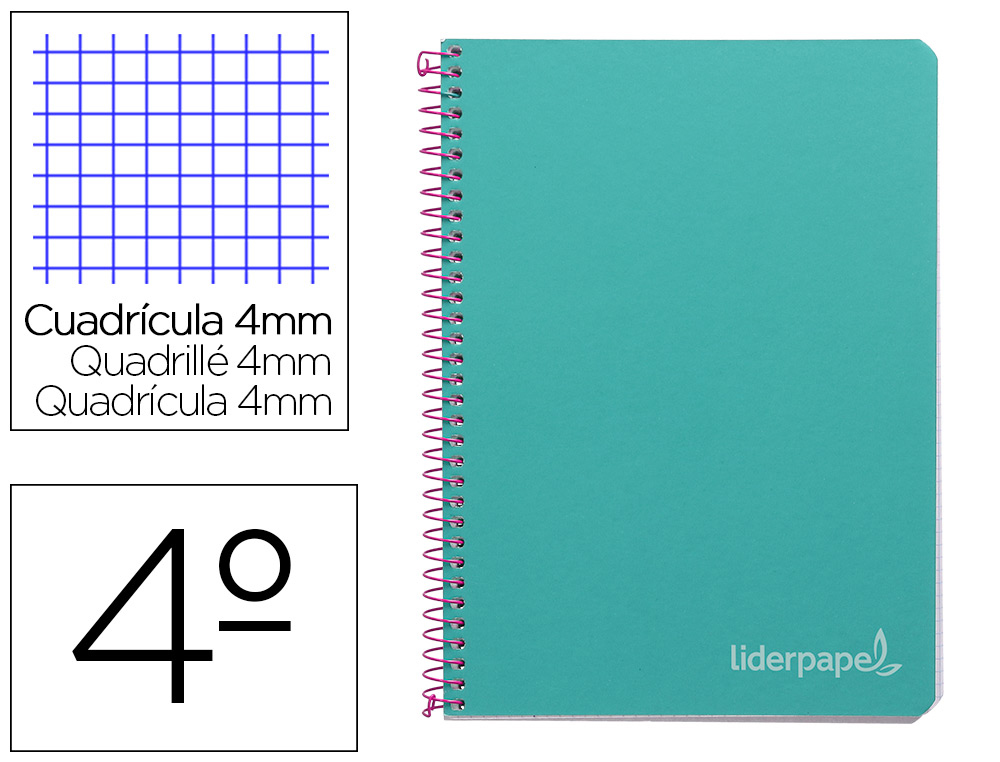 CUADERNO ESPIRAL LIDERPAPEL CUARTO WITTY TAPA DURA 80H 75GR CUADRO 4MM CON MARGEN COLOR TURQUESA