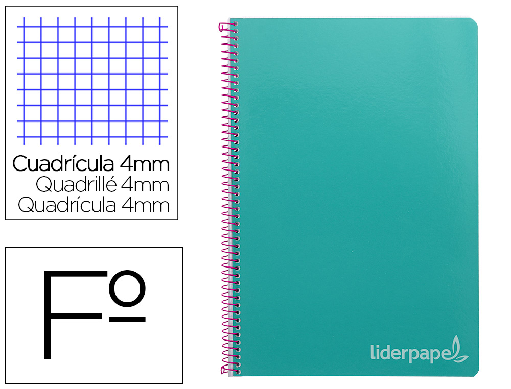 CUADERNO ESPIRAL LIDERPAPEL FOLIO WITTY TAPA DURA 80H 75GR CUADRO 4MM CON MARGEN COLOR TURQUESA