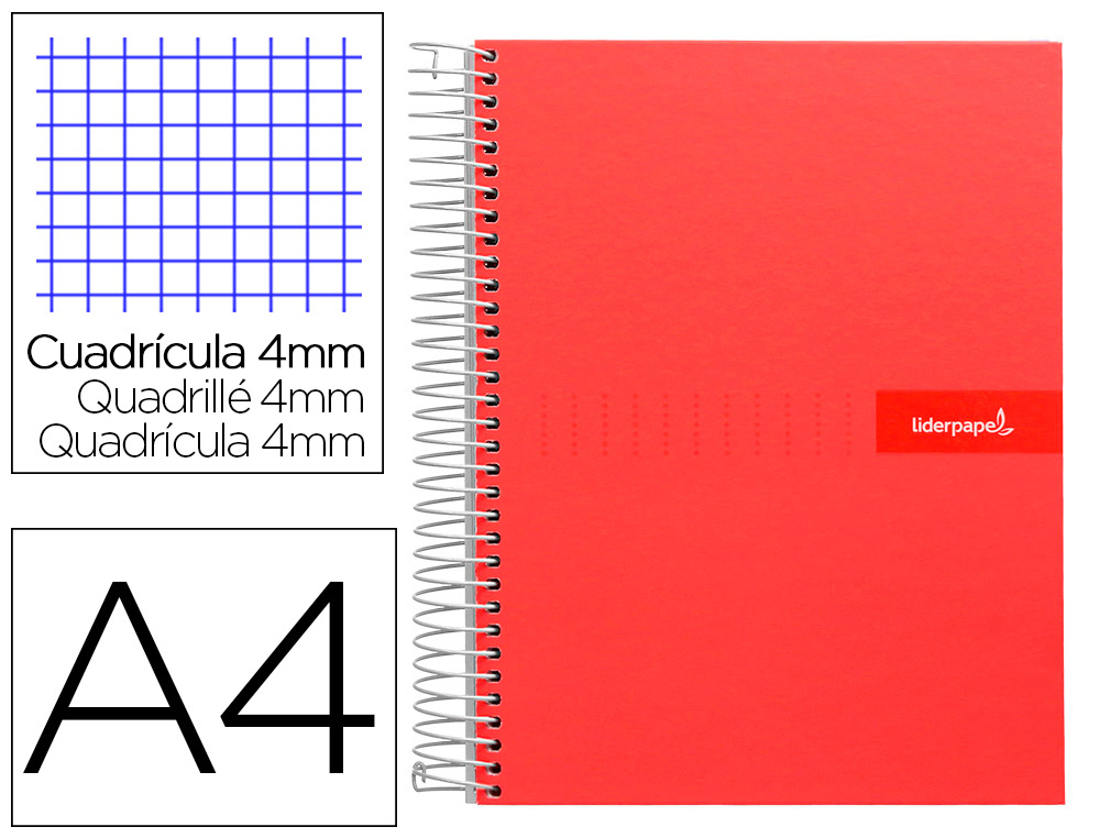 CUADERNO ESPIRAL LIDERPAPEL A4 CRAFTY TAPA FORRADA 80H 90 GR CUADRO 4MM CON MARGEN COLOR ROJA