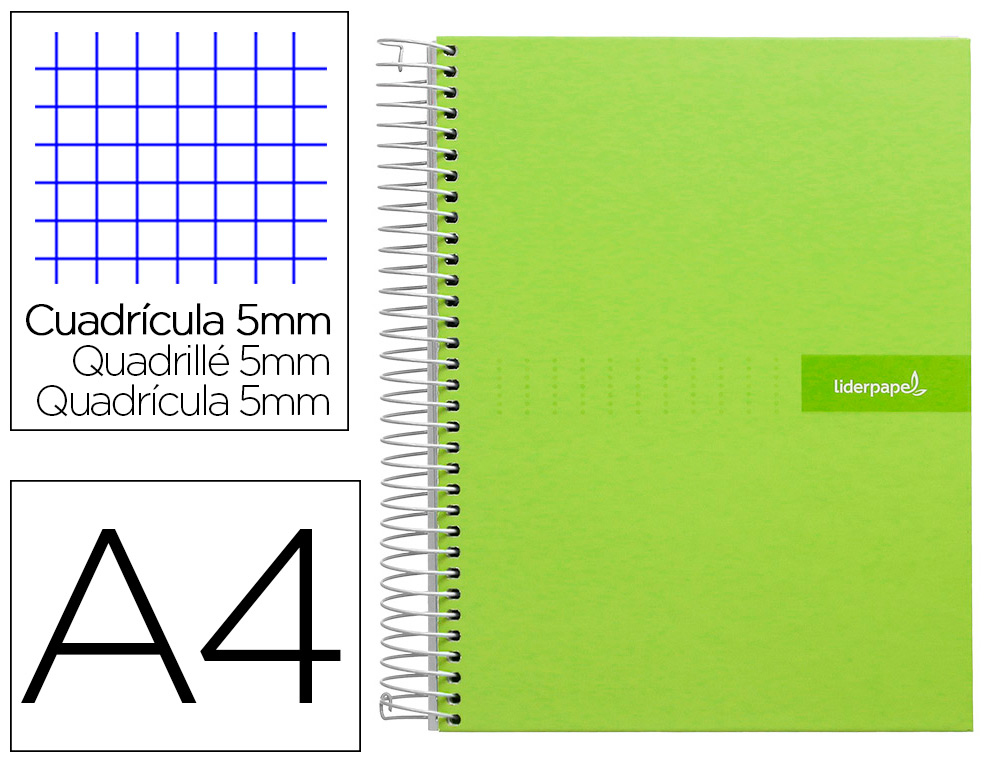 CUADERNO ESPIRAL LIDERPAPEL A4 MICRO CRAFTY TAPA FORRADA 120H 90 GR CUADRO 5 MM 5 BANDAS 4 COLORES COLOR VERDE