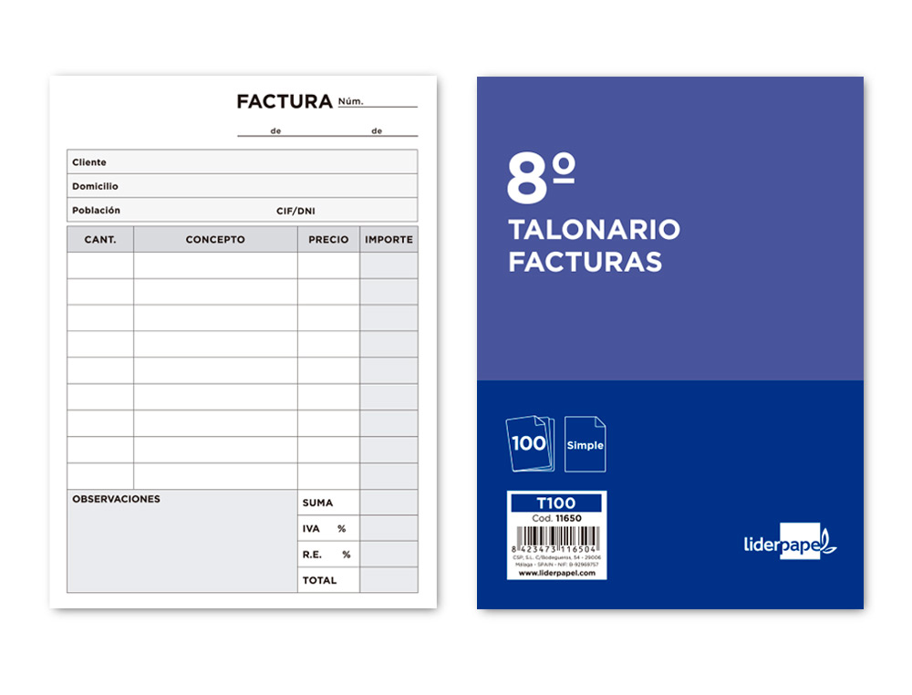 TALONARIO LIDERPAPEL FACTURAS 8 ORIGINAL T100 CON I.V.A.