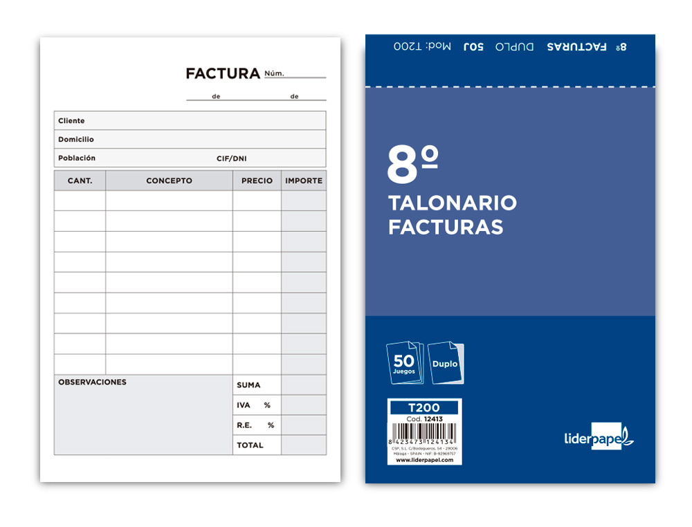 TALONARIO LIDERPAPEL FACTURAS 8 ORIGINAL Y COPIA T200 CON I.V.A