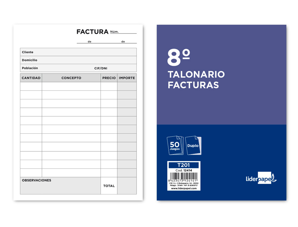 TALONARIO LIDERPAPEL FACTURAS 8 ORIGINAL Y COPIA T201 SIN I.V.A.