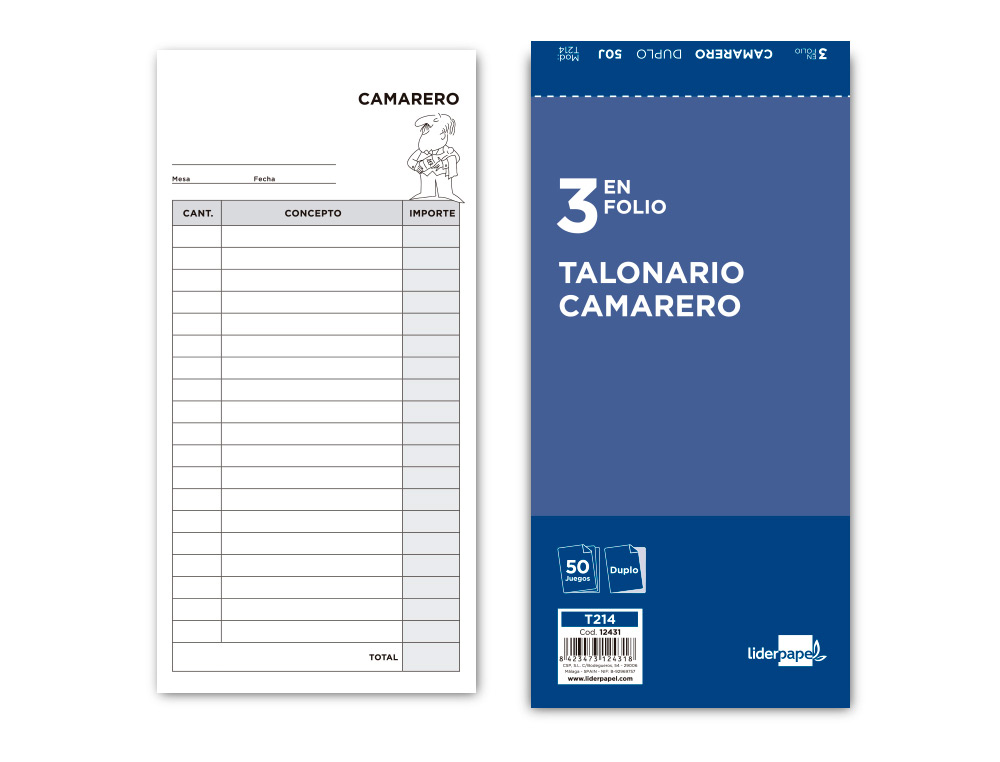 TALONARIO LIDERPAPEL CAMARERO 3/F ORIGINAL Y COPIA T214