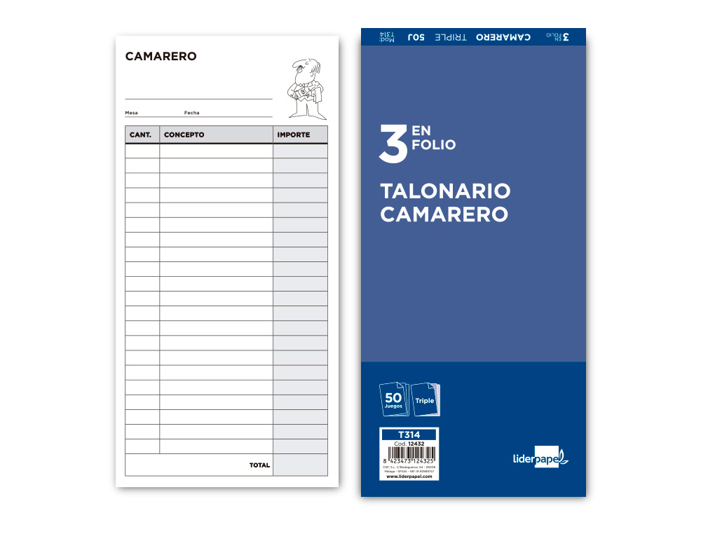 TALONARIO LIDERPAPEL CAMARERO 3/F ORIGINAL Y 2 COPIAS T314