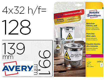 ETIQUETA ADHESIVA RESISTENTE AVERY POLIESTER BLANCO 99,1X139 MM PARA IMPRESORA LASER PACK DE 32 UNIDADES