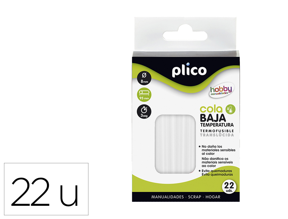 BARRA TERMOFUSIBLE PLICO COLA BAJA TEMPERATURA 8 MM DE DIAMETRO X 95 MM DE ALTO BLISTER DE 22 UNIDADES