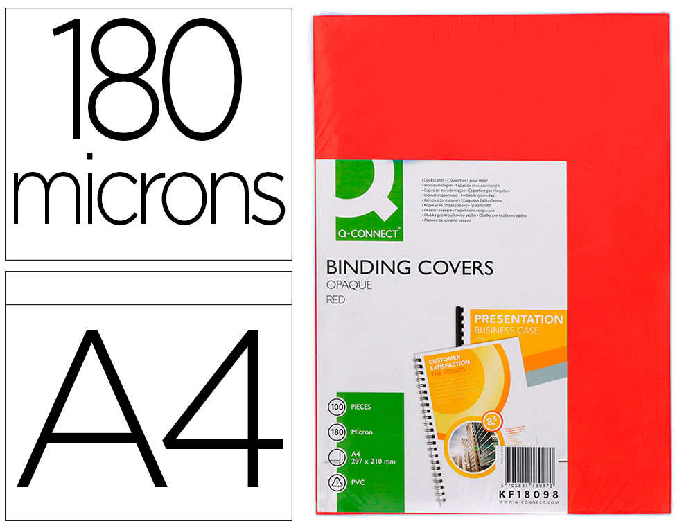 TAPA DE ENCUADERNACION Q-CONNECT PVC DIN A4 OPACA ROJO 180 MICRAS CAJA DE 100 UNIDADES