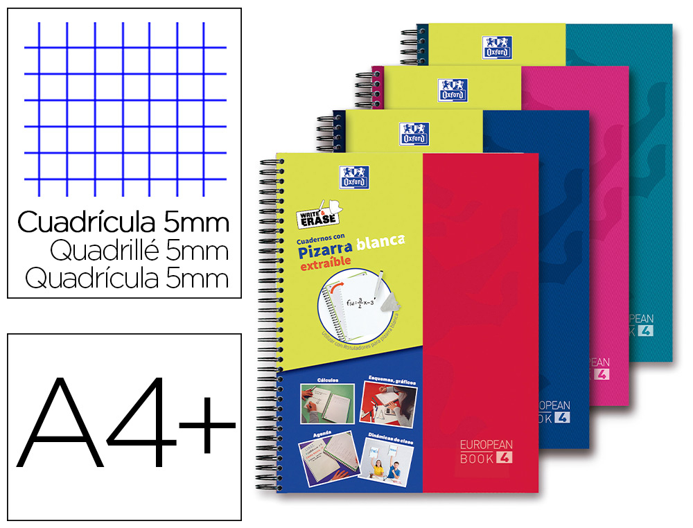 CUADERNO ESPIRAL OXFORD EUROPEANBOOK 5 WRITE&ERASE SCHOOL CLASSIC DIN A4+ 120 HOJAS CUADRO 5 MM CON MARGEN