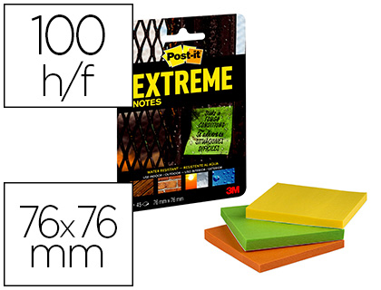 BLOC DE NOTAS ADHESIVAS QUITA Y PON POST-IT EXTREME 76X76 MM CON 45 HOJAS PACK DE 3 UNIDADES AMARILLO NARANJA Y