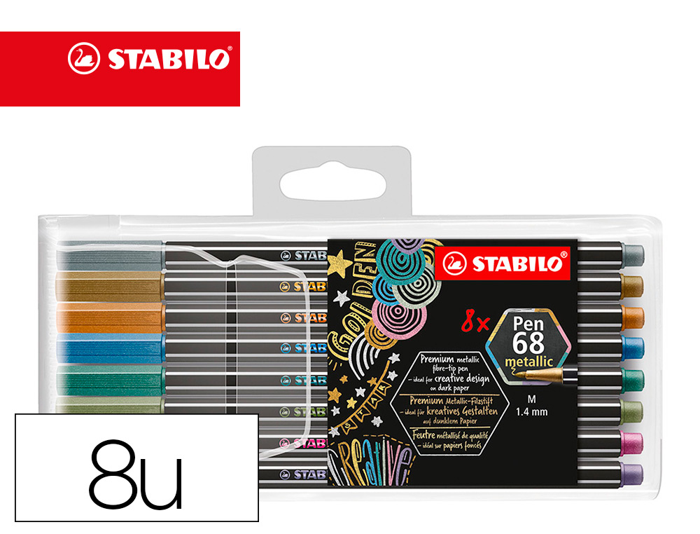 ROTULADOR STABILO PUNTA DE FIBRA PEN 68 METALLIC ESTUCHE PLASTICO DE 8 UNIDADES COLORES SURTIDOS