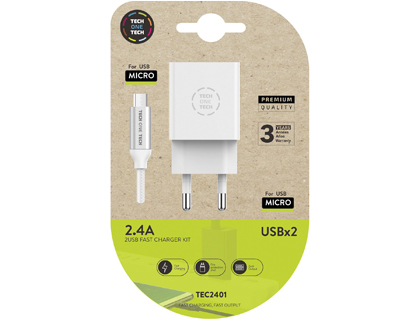 CARGADOR TECH ONE TECH 2.4 DOBLE USB + CABLE BRAIDED NYLON MICRO USB ANDROID LONGITUD 1 MT COLOR BLANCO