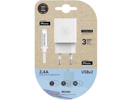 CARGADOR DOBLE BLANCO+CABLE BRAIDED NYLON LIGHTNING (PARA APPLE), ALTO RENDIMIENTO2,4