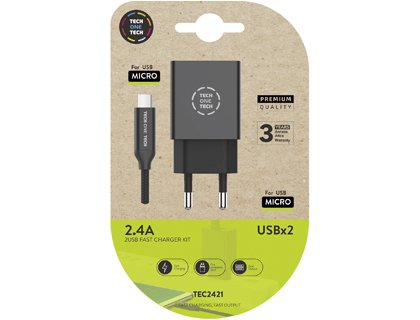 CARGADOR TECH ONE TECH 2.4 DOBLE USB + CABLE BRAIDED NYLON MICRO USB ANDROID LONGITUD 1 MT COLOR NEGRO