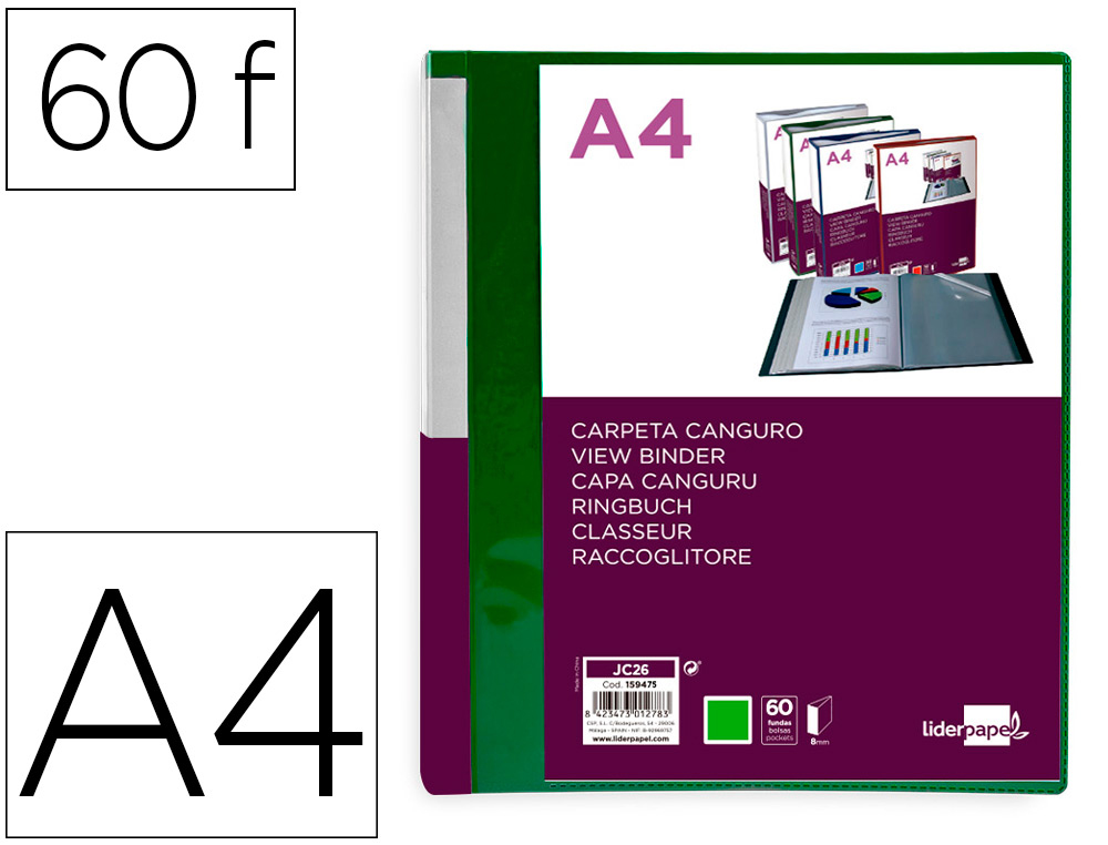 CARPETA LIDERPAPEL 60 FUNDAS CANGURO PP DIN A4 VERDE TRANSLUCIDO PORTADA Y LOMO PERSONALIZABLE