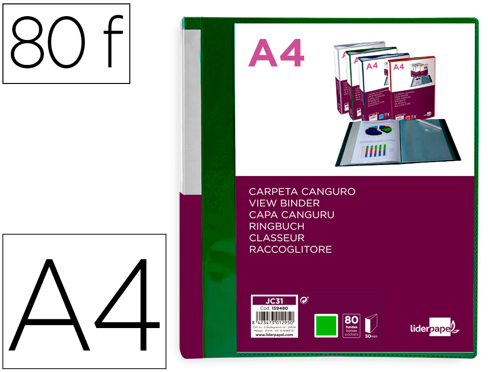 CARPETA LIDERPAPEL 80 FUNDAS CANGURO PP DIN A4 VERDE TRANSLUCIDO PORTADA Y LOMO PERSONALIZABLE