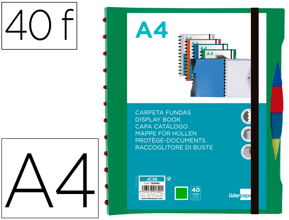 CARPETA LIDERPAPEL A4 CON 40 FUNDAS INTERCAMBIABLES 5 SEP SOBRE Y GOMILLA PORTADA Y LOMO PERSONALIZABLE VERDE