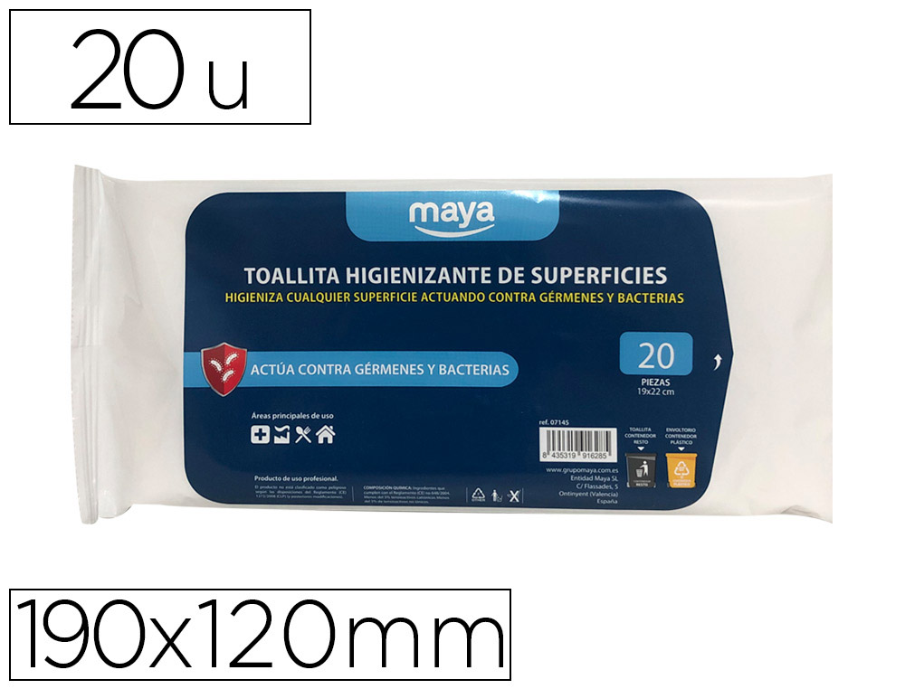 TOALLITA DESINFECTANTE PARA SUPERFICIES MEDIDAS 190 X 120 MM PACK 20 UNIDADES