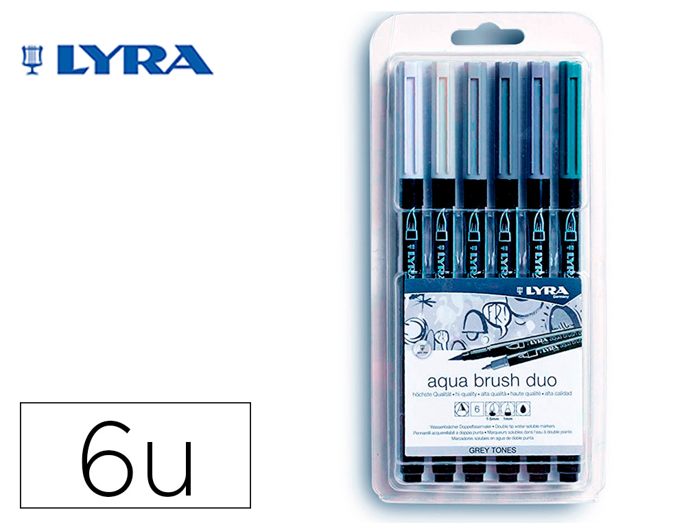 ROTULADOR LYRA AQUA BRUSH ACUARELABLE DOBLE PUNTA Y PINCEL TONOS GRISES BLISTER DE 6 UNIDADES SURTIDAS