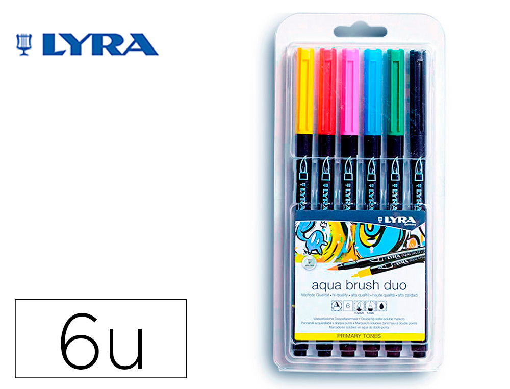 ROTULADOR LYRA AQUA BRUSH ACUARELABLE DOBLE PUNTA Y PINCEL TONOS PRIMARIOS BLISTER DE 6 UNIDADES