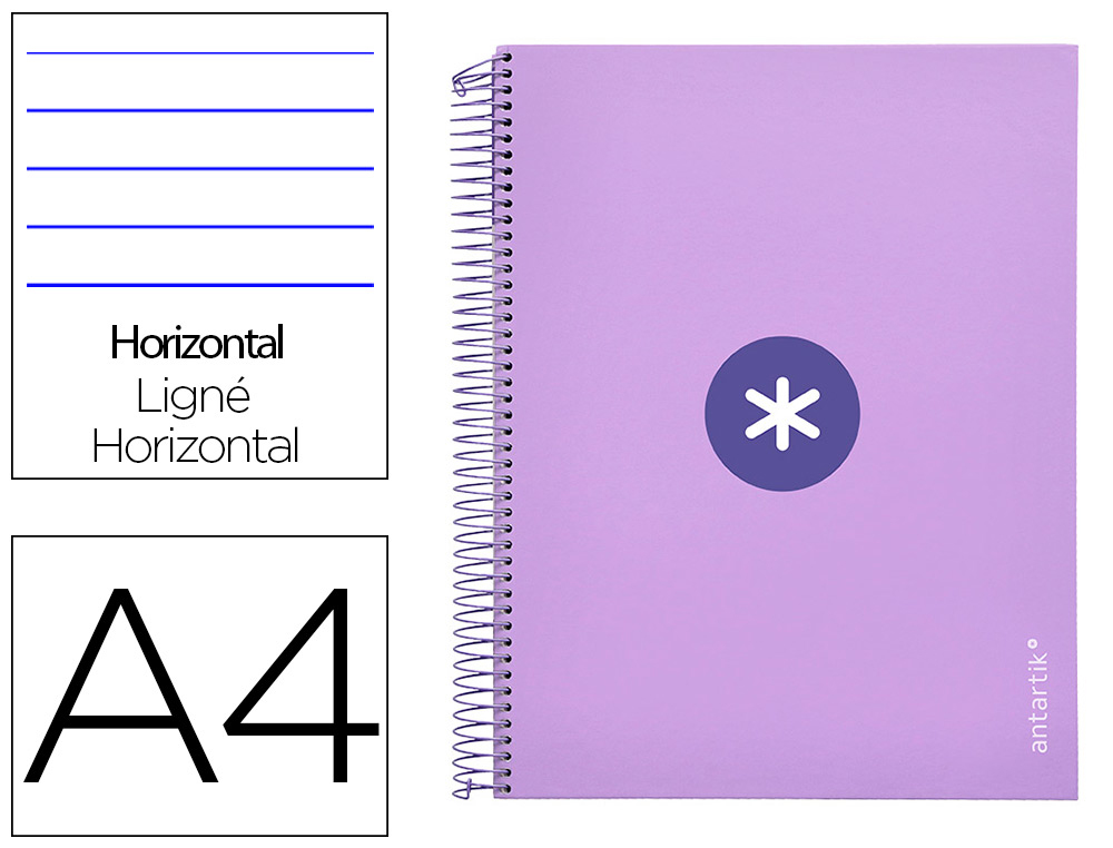 CUADERNO ESPIRAL A4 MICRO ANTARTIK TAPA FORRADA 120H 100 GR HORIZONTAL 5 BANDA4 TALADROS COLOR LAVANDA