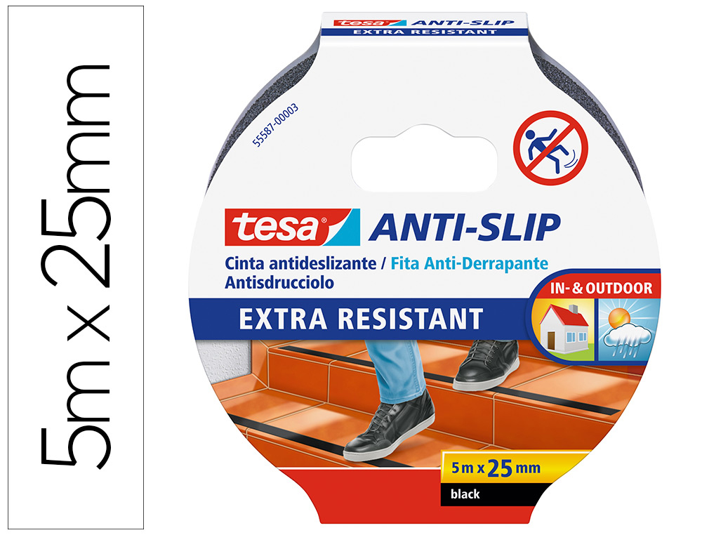 CINTA ANTIDESLIZANTE ADHESIVA TESA USO INTERIOR / EXTERIOR COLOR NEGRO 5 MT X 25 MM