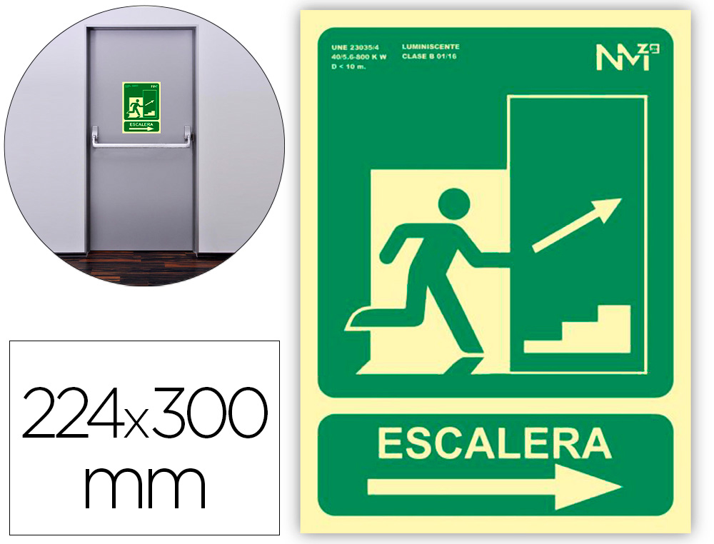 PICTOGRAMA ARCHIVO 2000 SALIDA EMERGENCIA ESCALERA SUBE DERECHA PVC VERDE LUMINISCENTE 224X300 MM