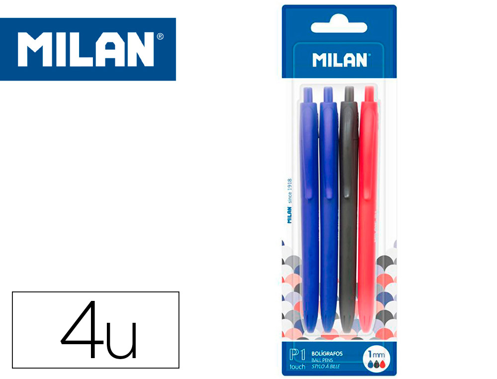 BOLIGRAFO MILAN P1 RETRACTIL 1 MM TOUCH BLISTER DE 4 UNIDADES COLORES SURTIDOS