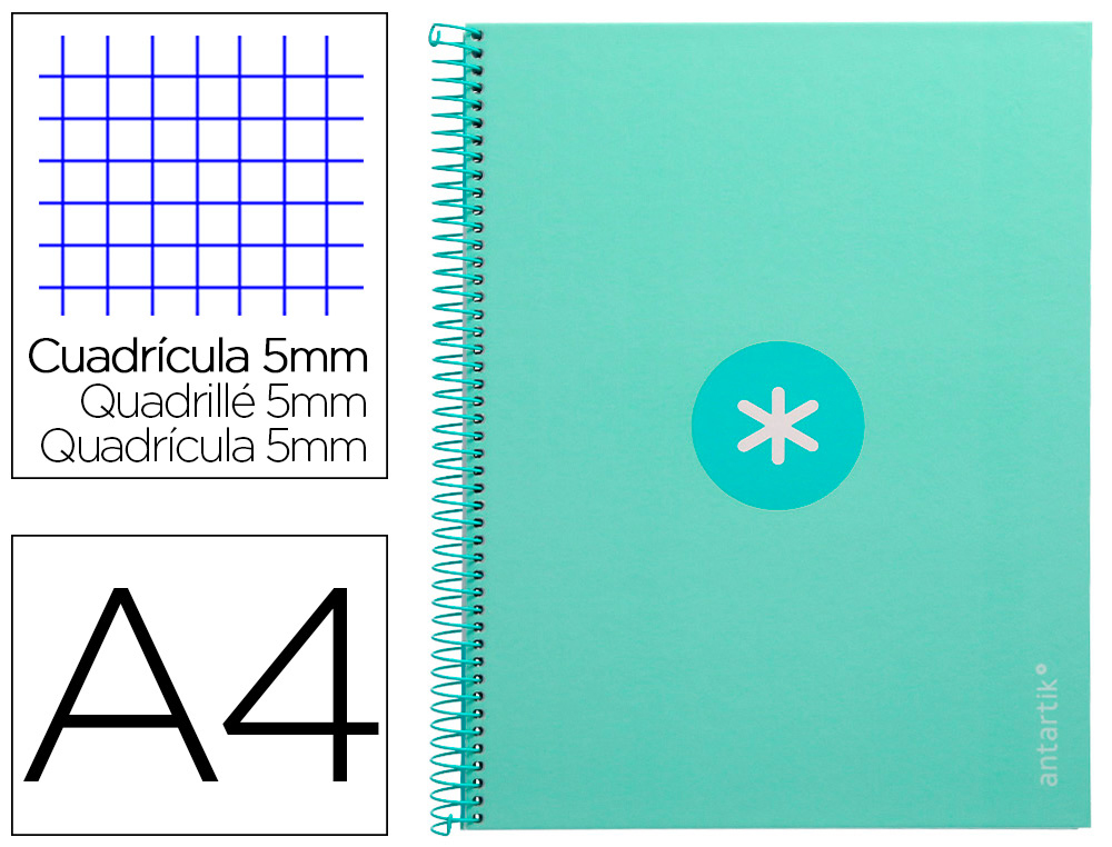 CUADERNO ESPIRAL A4 MICRO ANTARTIK TAPA FORRADA 80H 90 GR CUADRO 5MM 1 BANDA 4 TALADROS MENTA