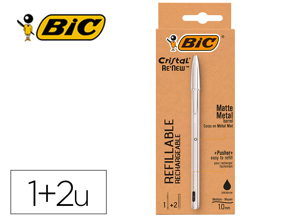 BOLIGRAFO BIC CRISTAL RENEW TINTA NEGRA PACK DE 1 UNIDAD + 2 RECAMBIOS