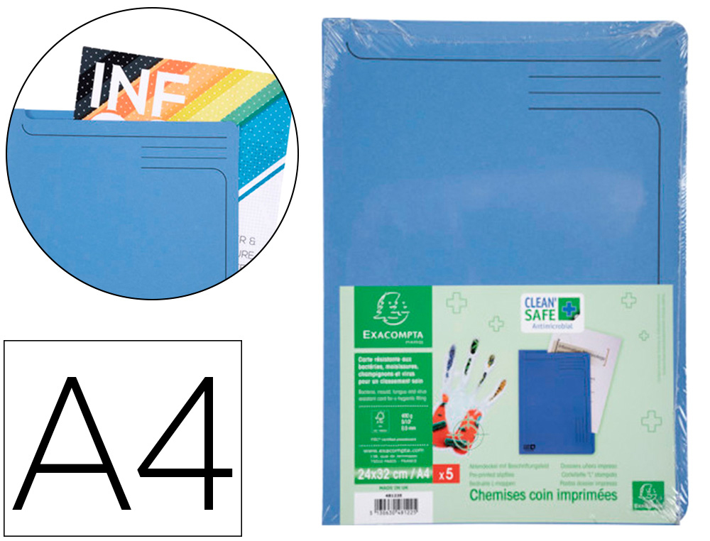 CARPETA DOSSIER UERO EXACOMPTA CLEAN SAFE CARTULINA 400 GR DIN A4 AZUL PAQUETE DE 5 UNIDADES